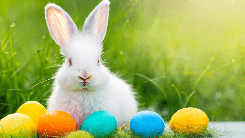 An Easter bunny is sitting in the grass surrounded by colorful eggs