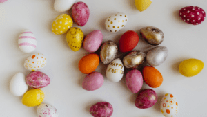 colorful easter eggs on a white surface