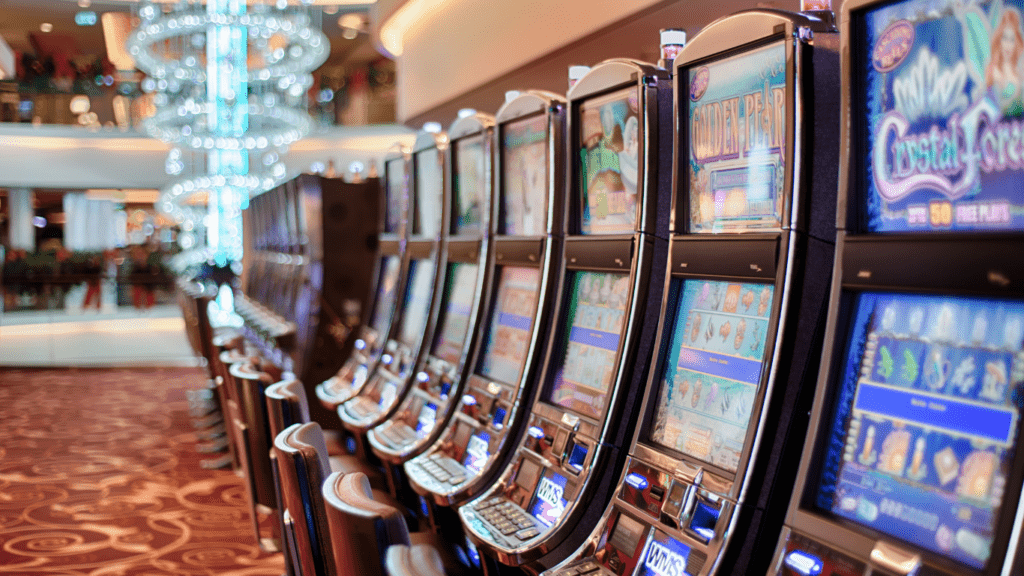 a row of slot machines in a casino